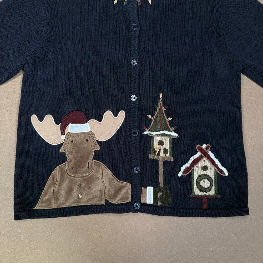 Holiday Moose Cardigan Sweater With Birdhouses And Lights Embroidery Womens L